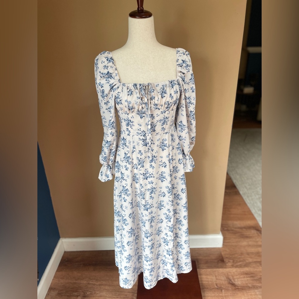 Womens Milkmaid Peasant Puff Sleeve Dress Floral Small White Blue Feminine Tie